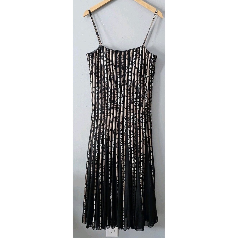 Sandra Darren Sz 16 Black Tan Fit Flare Spaghetti Strap Mesh Pleated Midi Dress